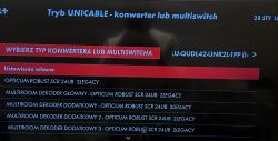 Menu ustawień dekodera z opcjami typu konwertera lub multiswitcha.