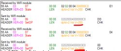 WiFi Communication Log with Highlighted Values Log of communication between the WiFi module and device, with yellow indicators highlighting values 200 and 1000.