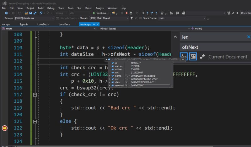 Visual Studio window with a C++ file checking CRC of a flash partition