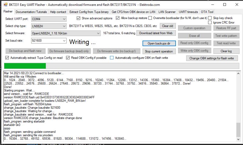 Flashing LN882H Firmware with BK7231 Easy UART Flasher BK7231 Easy UART Flasher window showing firmware being written to a WiFi module LN882H.