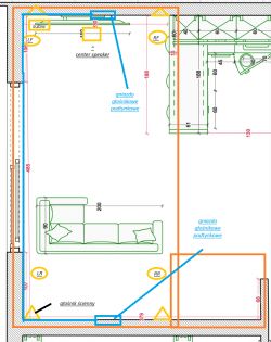 Plan pomieszczenia z rozmieszczeniem głośników dla systemu audio