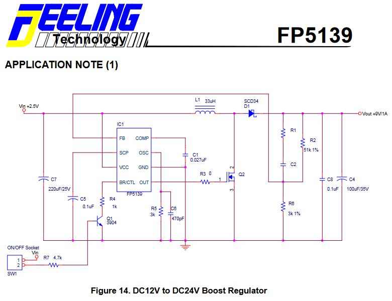 Schemat aplikacyjny przetwornicy DC12V do DC24V z układem FP5139