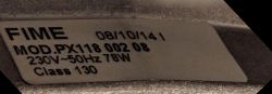 Etykieta na urządzeniu z napisem FIME, model PX118 002 08, o parametrach 230V, 50Hz, 78W, klasa 130.