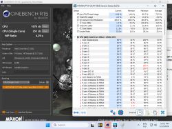 Zrzut ekranu CINEBENCH R15 i HWiNFO z wynikami CPU oraz temperaturami rdzeni procesora.