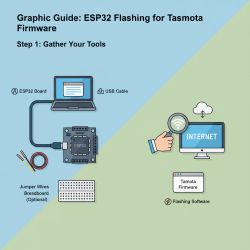 Illustrated guide showing tools needed for flashing ESP32 with Tasmota firmware