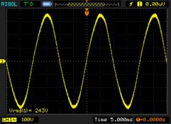 Sinusoidal Wave on Oscilloscope Oscilloscope screenshot showing a sinusoidal wave.