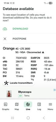 Ekran aplikacji pokazujący dane sieci LTE 2600 MHz operatora Orange