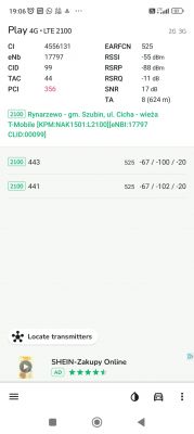 Zrzut ekranu z aplikacji pokazujący parametry sieci komórkowej Play 4G LTE 2100 na telefonie Redmi Note 11