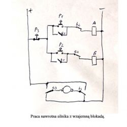 Szkic schematu elektrycznego z opisem układu nawrotnego silnika.