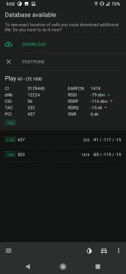 Zrzut ekranu aplikacji diagnostycznej sieci, pokazujący szczegóły połączenia 4G LTE sieci Play.