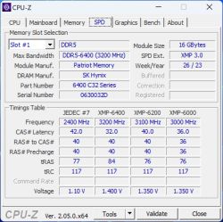 Zrzut ekranu CPU-Z pokazujący dane SPD pamięci DDR5 Patriot 6400 C32 16 GB