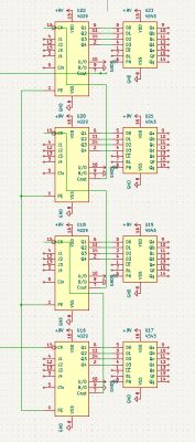 Schemat z czterema układami 4029 połączonymi z czterema 4543 oraz liniami zasilania +9 V i GND