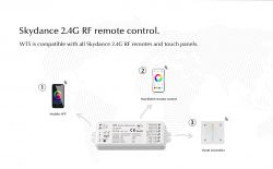 The illustration shows a Skydance 2.4G RF controller with three control options: mobile app, handheld remote, and panel controller.