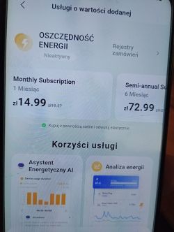 Ekran aplikacji pokazujący płatne opcje subskrypcji usługi oszczędności energii