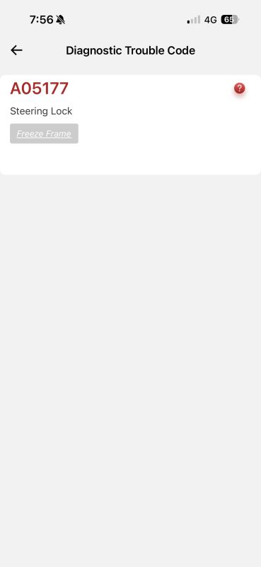 App screen showing diagnostic trouble code A05177 “Steering Lock” with a “Freeze Frame” button.