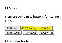 Highlighted “100% Green” and “100% Blue” buttons in the LED tools section
