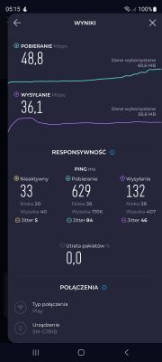 Zrzut ekranu wyników testu prędkości internetu z prędkościami pobierania 48,8 Mbps i wysyłania 36,1 Mbps.