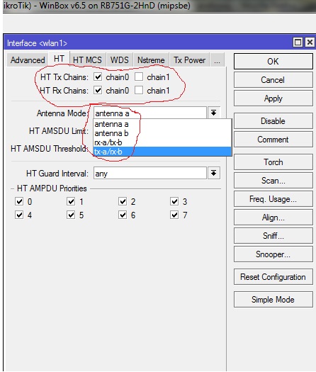 Mikrotik - Jak ustawić Tx/Rx Chains przy wyborze Antenna A w 802.11 N?