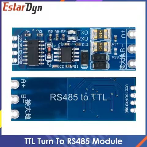 Moduł konwertera „RS485 to TTL” na niebieskiej płytce PCB, widok z obu stron z opisami pinów.
