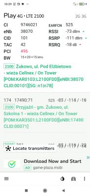 Zrzut ekranu z aplikacji pokazujący szczegóły połączenia LTE z siecią Play.