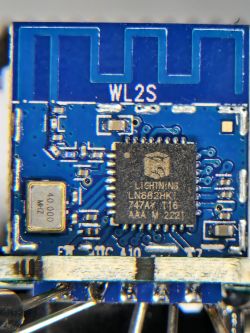 Close-up of a module with a WL2S microcontroller board and LIGHTNING LN882HK chip.