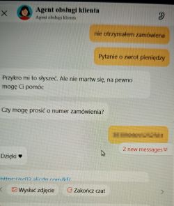 Zdjęcie rozmowy z agentem obsługi klienta o zwrot pieniędzy na AliExpress.