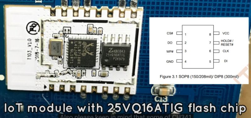 IoT module with 25VQ16ATIG flash chip on a circuit board with a connection diagram.