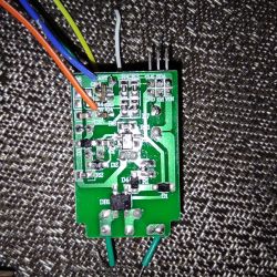 Control Board for Smart LED Bulb Close-up of a circuit board with soldered wires and visible tracks and electronic components.
