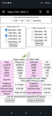 Zrzut ekranu z aplikacji monitorującej połączenie LTE Virgin Mobile z pasmami 800+1800, pokazujący szczegóły sygnału i prędkości.