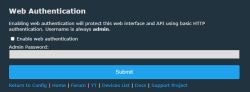Web authentication setup panel with admin password field and blue Submit button.