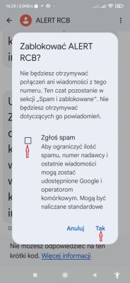 Okno dialogowe w aplikacji wiadomości z pytaniem o zablokowanie numeru ALERT RCB oraz opcją zgłoszenia spamu.