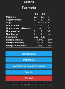 Tasmota dashboard with electrical data, showing voltage, frequency, and energy consumption for two phases.
