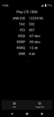 Zrzut ekranu pokazujący parametry sieci Play LTE 1800.