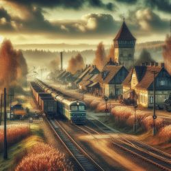 The image depicts a rural train station with a train on the tracks in an autumn setting.