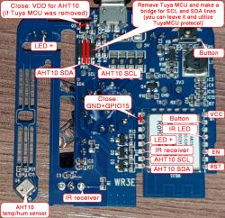 Circuit board with labeled components such as AHT10 SDA/SCL, buttons, and LED.