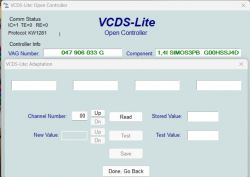 Zrzut ekranu programu VCDS-Lite z otwartym kontrolerem i informacjami o VAG.