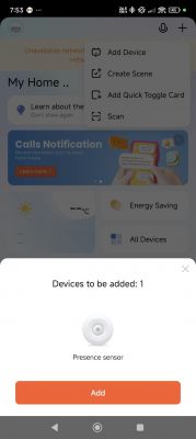 Screenshot of a smart home management app with a message about adding a device.