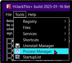 Widok menu programu HiJackThis+ z zaznaczoną opcją Process Manager.
