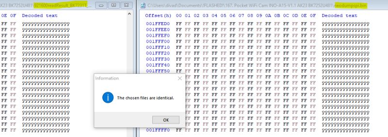 Comparison of two binary files showing identical hex code and confirmation message