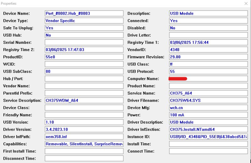 Screenshot showing the USB device properties window with detailed info about CH375 module, driver, and connection parameters.