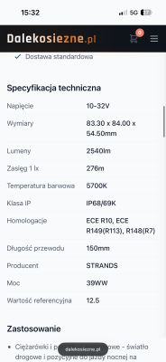 Zrzut ekranu ze strony dalekosiezne.pl z tabelą „Specyfikacja techniczna” lampy STRANDS
