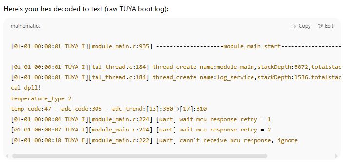 Screenshot showing decoded TUYA boot log messages displayed as plain text