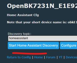 Screenshot of a Home Assistant configuration page with device name, “Start… Discovery” and “Configure” buttons.