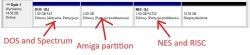 Screenshot showing disk partitioning: DOS and Spectrum, Amiga, and NES and RISC.