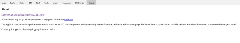 OpenBeken web interface with About tab and app description in view