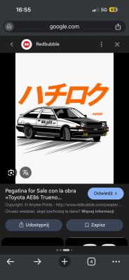 Zrzut ekranu Redbubble z ilustracją czarno-białego auta i pomarańczowym napisem po japońsku
