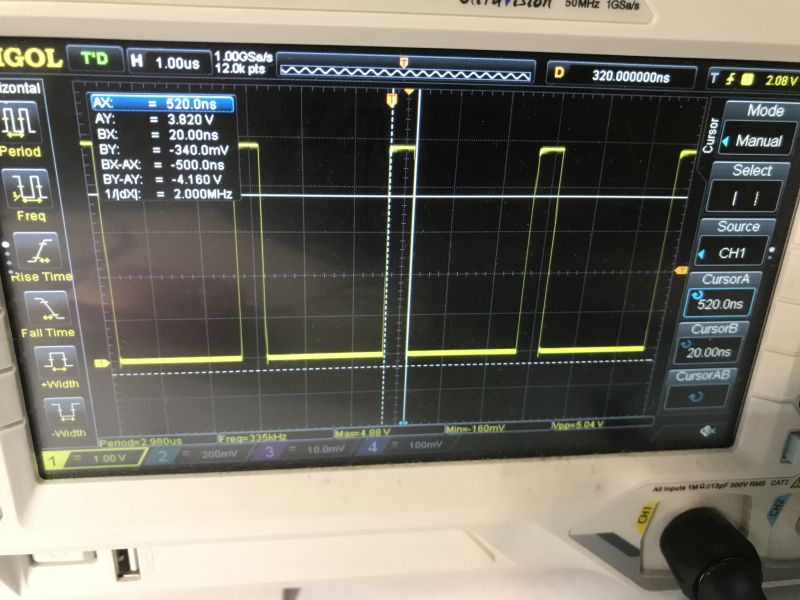 Oscilloscope waveform showing a 520 ns pulse measured on Rigol screen