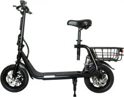 Czarna hulajnoga elektryczna Doc Green EKS77 z siedziskiem i koszykiem z tyłu.