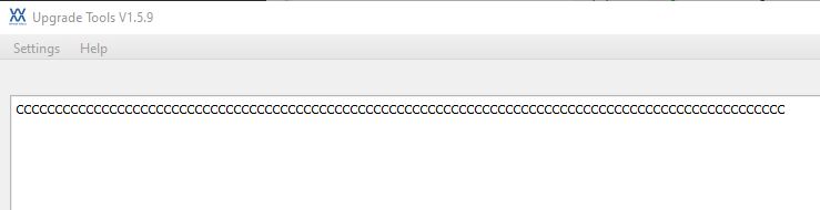 Upgrade Tools window with repeated c text Upgrade Tools V1.5.9 window with a long string of the letter c in the text field.