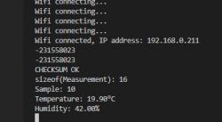 Wemos D1 Sensor Console Data Console display with information about Wi-Fi connection, checksum, and current temperature and humidity readings.
